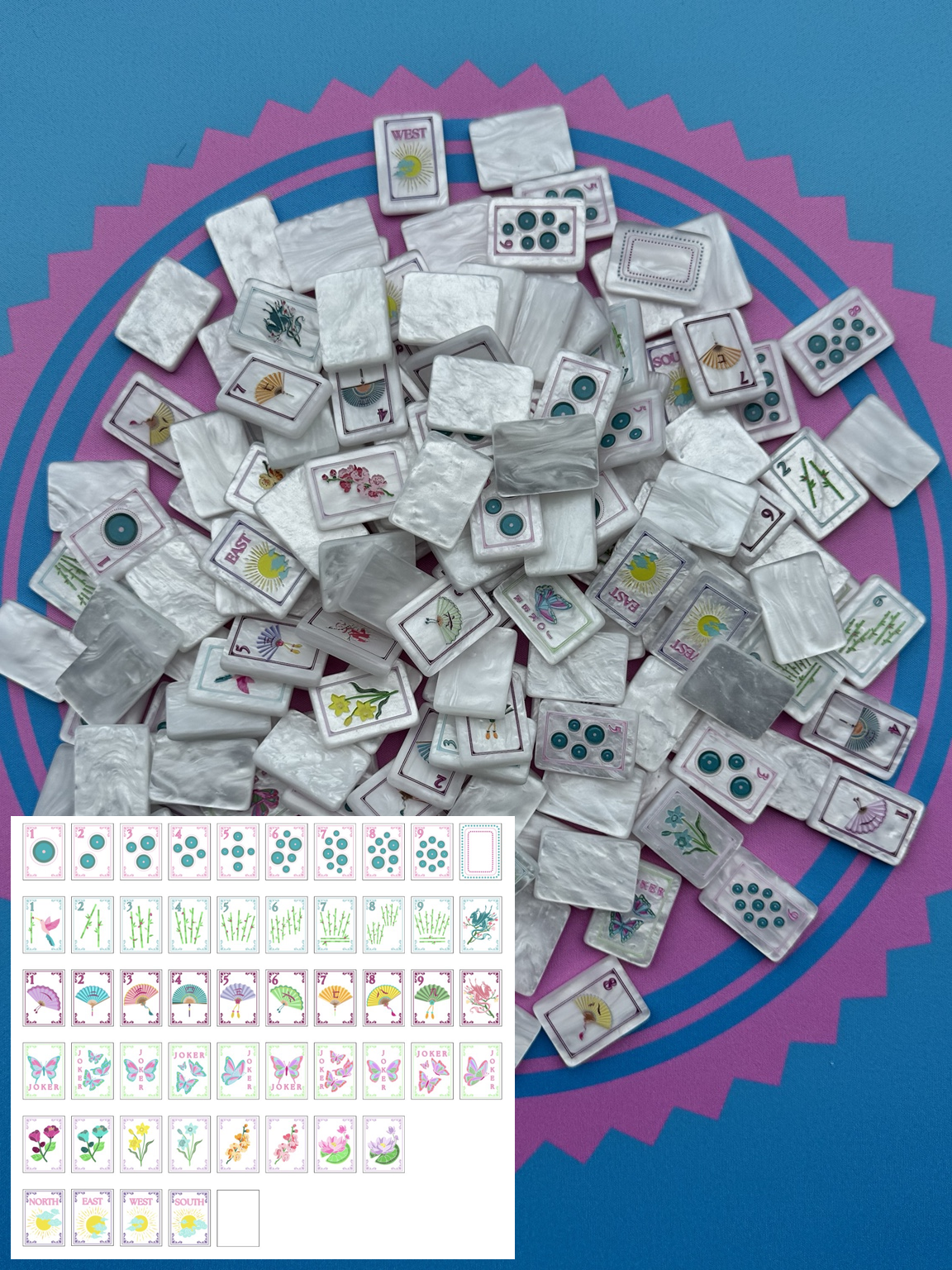 Mahj Mood White Pearl full size mahjong tile set styled on a Mahj Mood mat with acrylic racks, lifestyle game setup