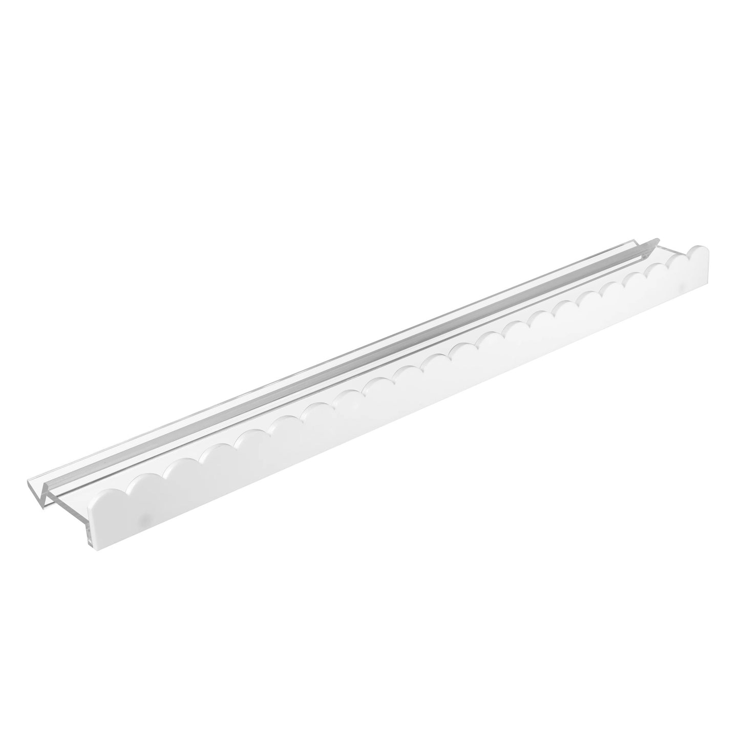 Mahj Mood clear acrylic mahjong rack with scalloped white pusher product render on white background showing end and top view