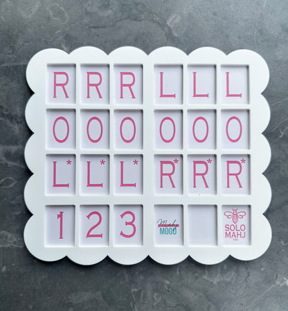 Mahj Mood X SOLOMAHJ white scalloped mahjong practice board — Clover small tile size with pink tile slots, front view