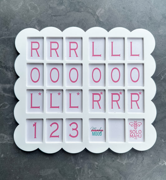 Mahj Mood X SOLOMAHJ white scalloped mahjong practice board — Clover small tile size with pink tile slots, front view