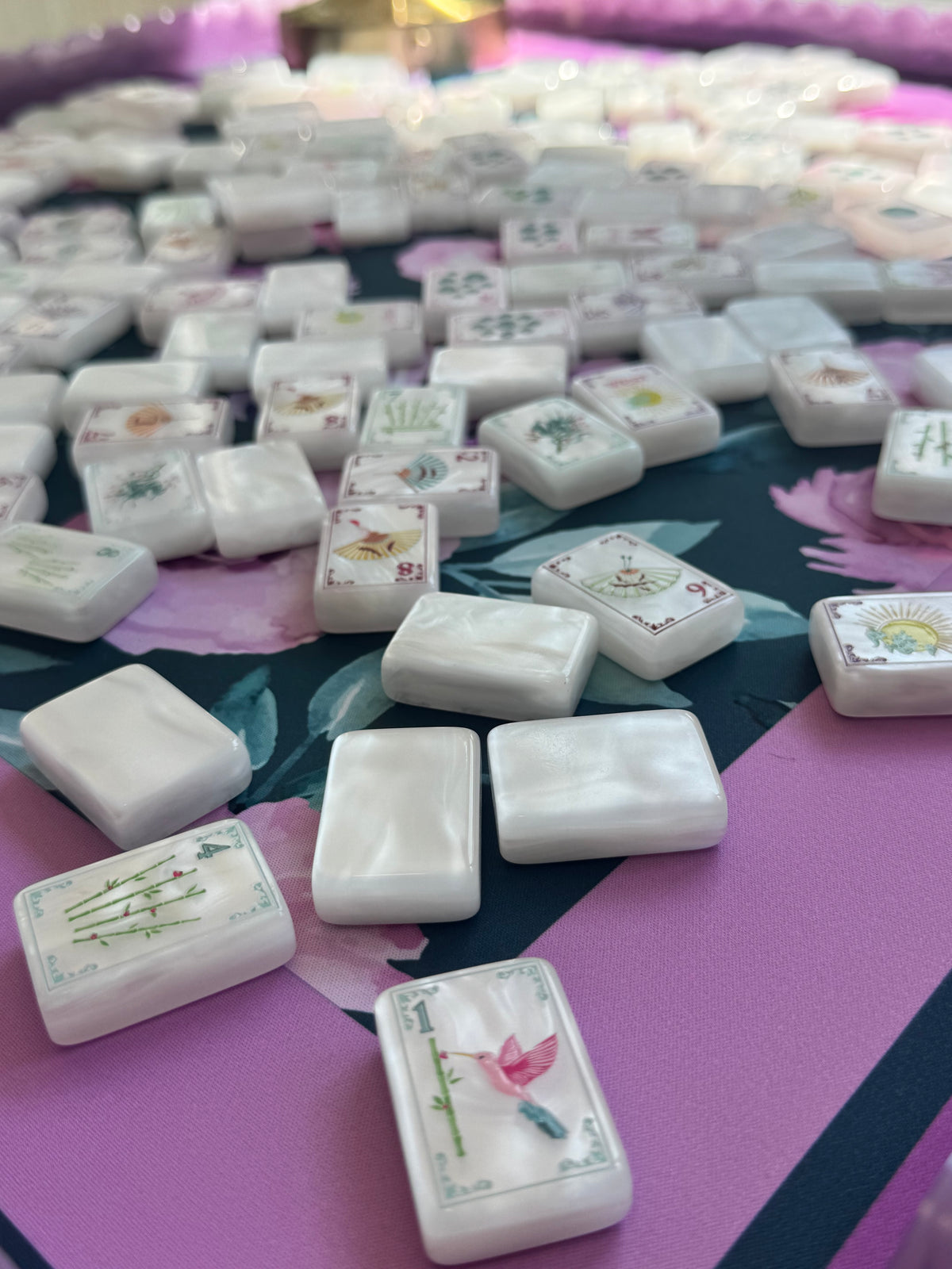 Mahj Mood White Pearl mahjong tiles with corduroy tile bag and leather dice pouch, Radiant Mood Collection