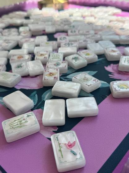 Mahj Mood White Pearl mahjong tiles with corduroy tile bag and leather dice pouch, Radiant Mood Collection