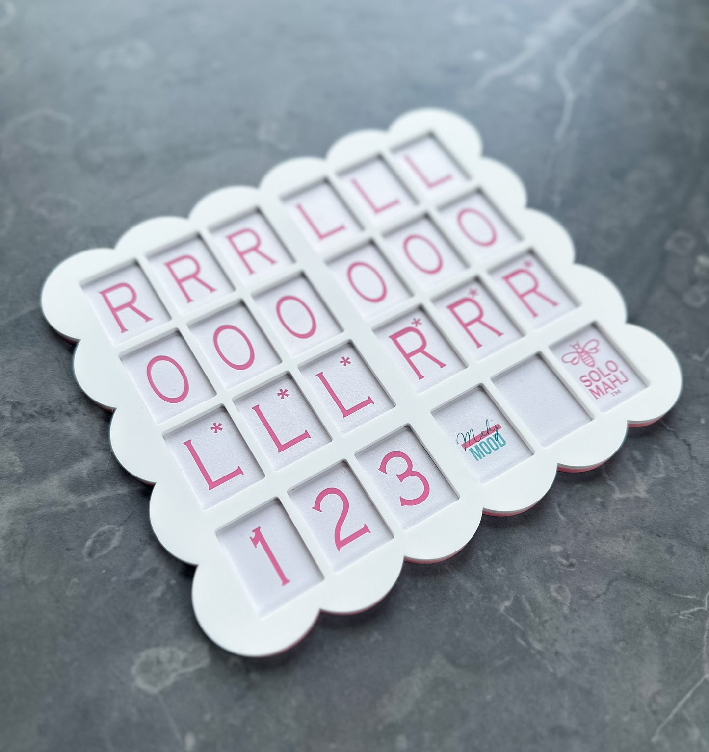 Mahj Mood X SOLOMAHJ white scalloped mahjong practice board — Clover small tile size, angled view showing pink tile slots and scalloped edge detail