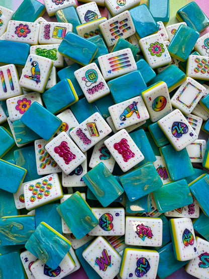 Mahj Mood 90s Tile Set fanned out showing custom illustrated 90s artwork across every suit