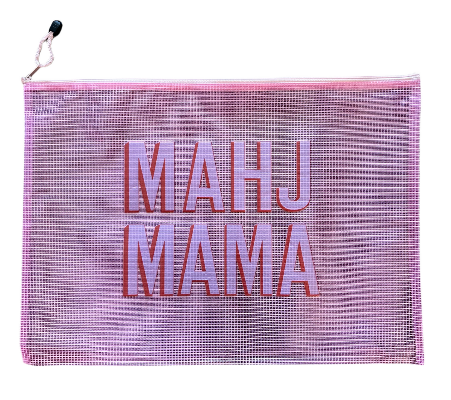 Mahj Mama pink mesh tile bag on white background — mahjong tile storage bag with pink zipper pull