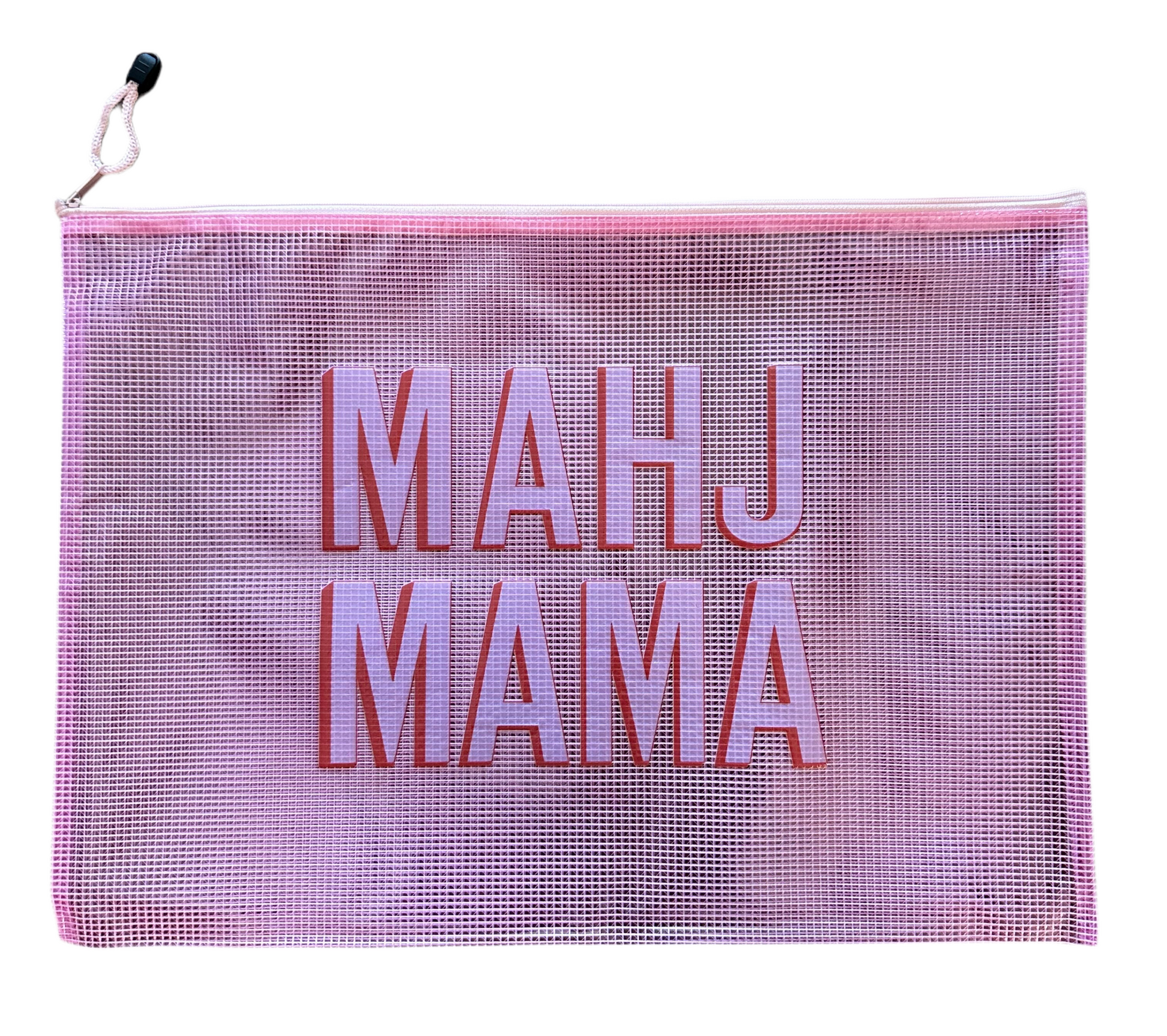Mahj Mama pink mesh tile bag on white background — mahjong tile storage bag with pink zipper pull