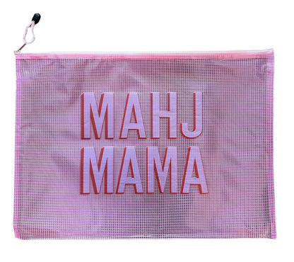 Mahj Mama pink mesh tile bag on white background — mahjong tile storage bag with pink zipper pull