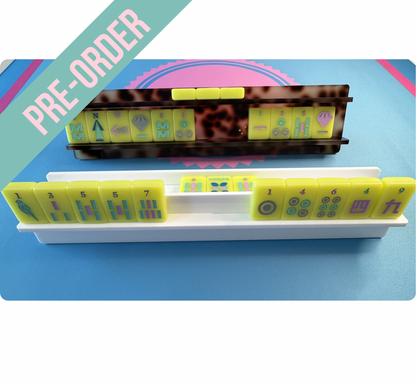 Mahj Mood travel mahjong racks set — white and tortoiseshell acrylic racks with tiles loaded, compact travel design